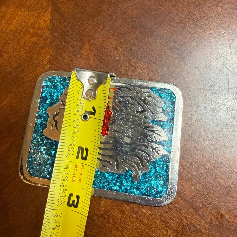 Vintage N.I. Native American Chief Belt‎ Buckle Blue Crushed Glass Silver Tone